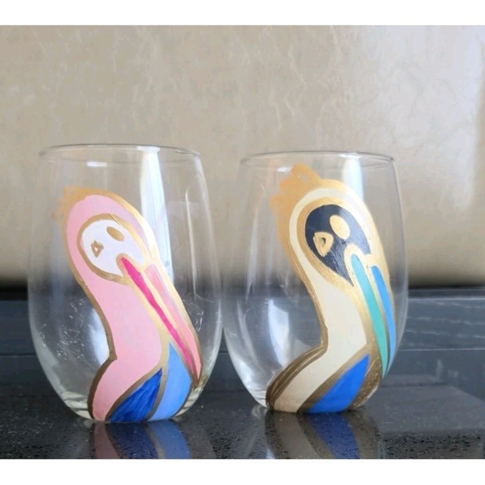 318 Art Co Pelican Wine Glasses Set of 2 Hand Painted Pink & Captain Louisiana‎